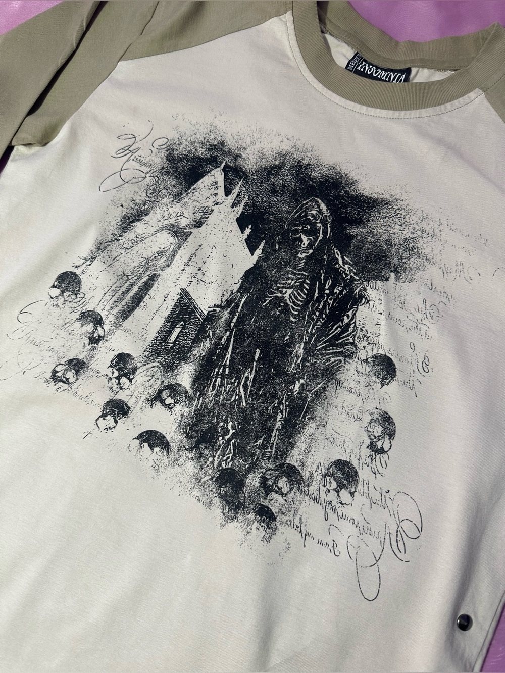 Insomnia Y2K Cyber Grunge Grim Reaper Angel Wings Studded Raglan Top 2000’s m/l